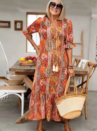 Mevelyn - Bohemian Paisley Tassel Tie Dress